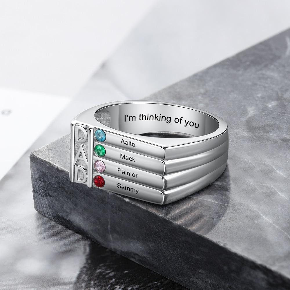 Dad Birthstone Ring Personalized Silver Engraved Kids Family Names Ring for Men Customized 4 Birthstone Ring Birthday Gifts for Father Rings