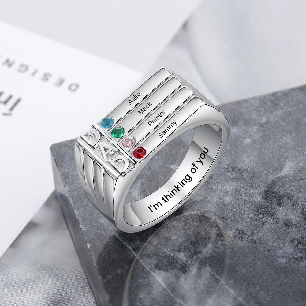 Dad Birthstone Ring Personalized Silver Engraved Kids Family Names Ring for Men Customized 4 Birthstone Ring Birthday Gifts for Father Rings