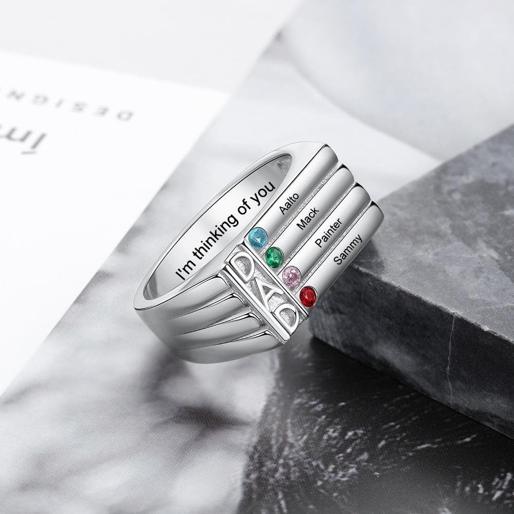 Dad Birthstone Ring Personalized Silver Engraved Kids Family Names Ring for Men Customized 4 Birthstone Ring Birthday Gifts for Father Rings