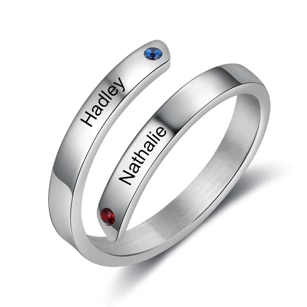 Personalized Engraving Couple Name Finger Ring Stainless Steel Custom 2 Birthstones Rings for Women Gift for Girlfriend Customized Rings