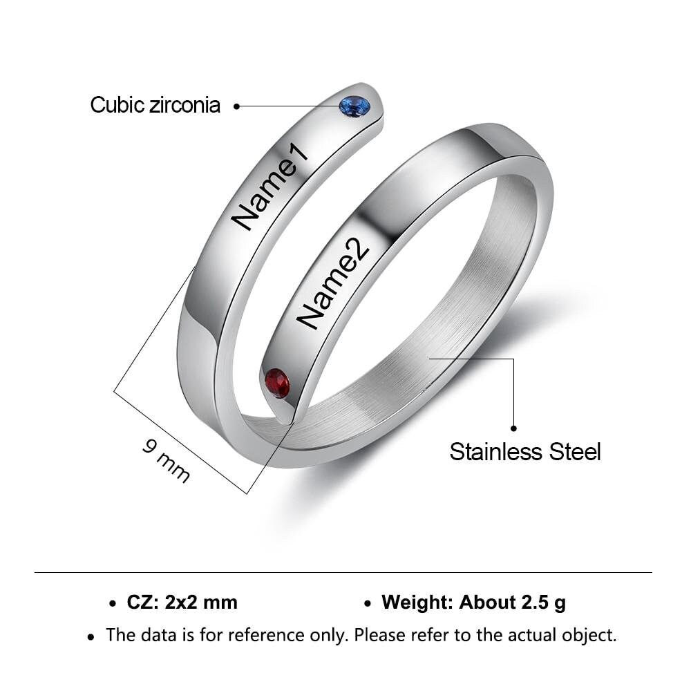 Personalized Engraving Couple Name Finger Ring Stainless Steel Custom 2 Birthstones Rings for Women Gift for Girlfriend Customized Rings