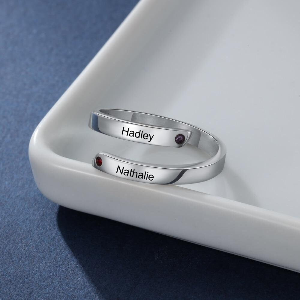 Personalized Engraving Couple Name Finger Ring Stainless Steel Custom 2 Birthstones Rings for Women Gift for Girlfriend Customized Rings