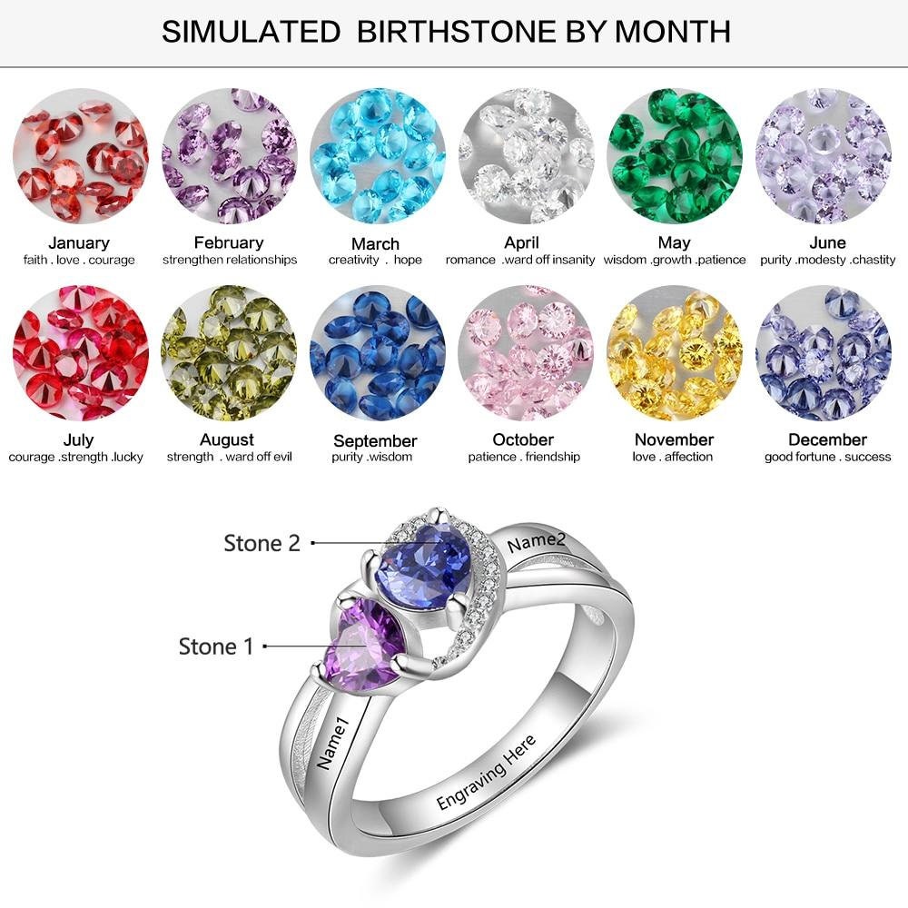 Personalized Engagement Ring with Heart Birthstone Sterling Silver Custom Engraved Name Anniversary Rings for Women