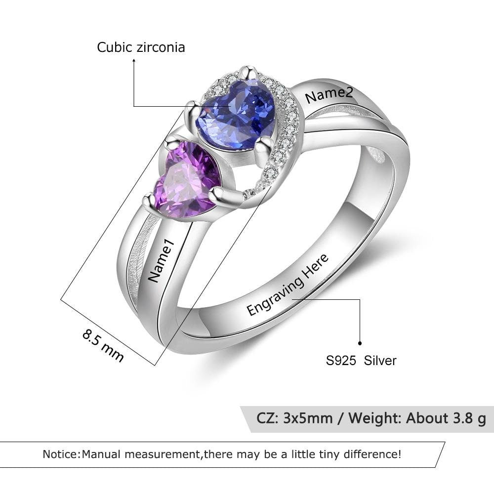 Personalized Engagement Ring with Heart Birthstone Sterling Silver Custom Engraved Name Anniversary Rings for Women