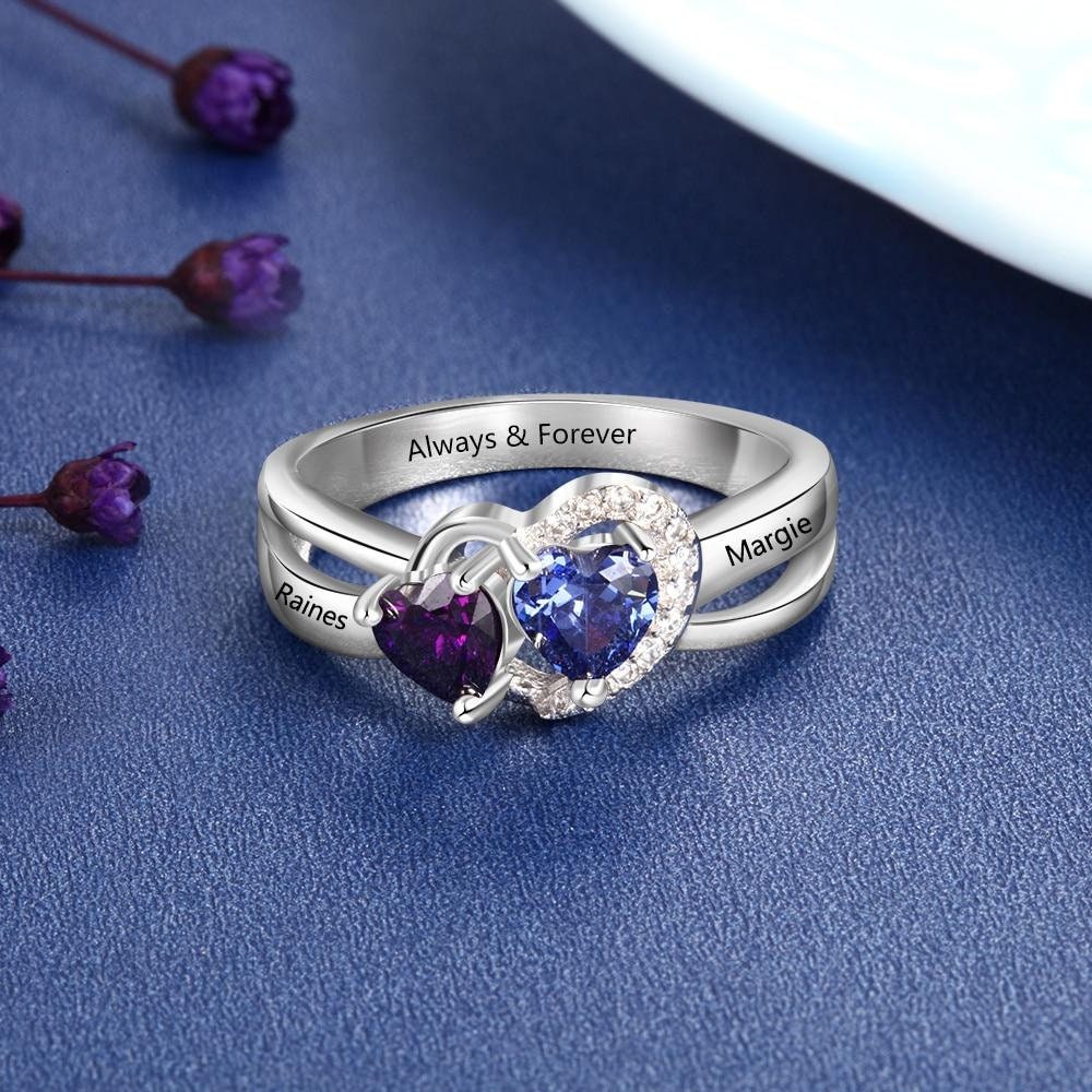 Personalized Engagement Ring with Heart Birthstone Sterling Silver Custom Engraved Name Anniversary Rings for Women