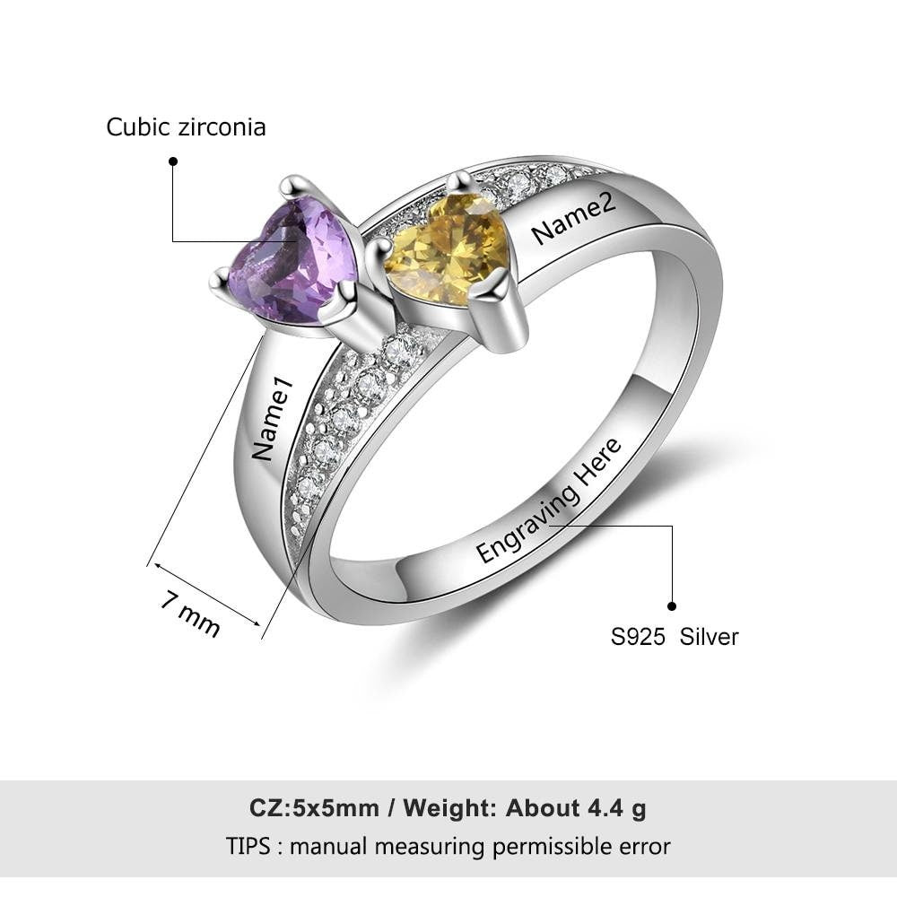 Sterling Silver Custom Name Ring with 2 Heart Birthstones Personalized Wedding Engagement Ring Mother Gift Rings