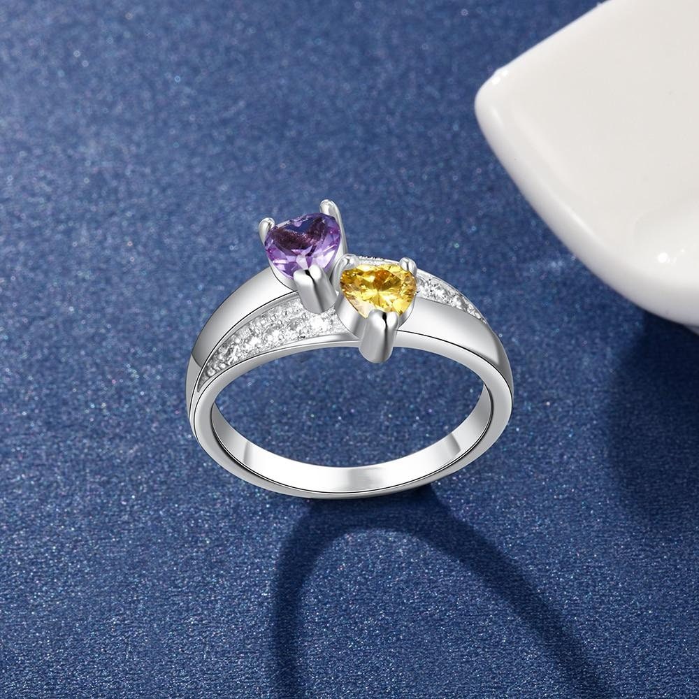 Sterling Silver Custom Name Ring with 2 Heart Birthstones Personalized Wedding Engagement Ring Mother Gift Rings