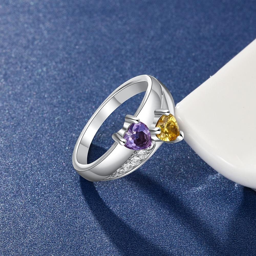 Sterling Silver Custom Name Ring with 2 Heart Birthstones Personalized Wedding Engagement Ring Mother Gift Rings
