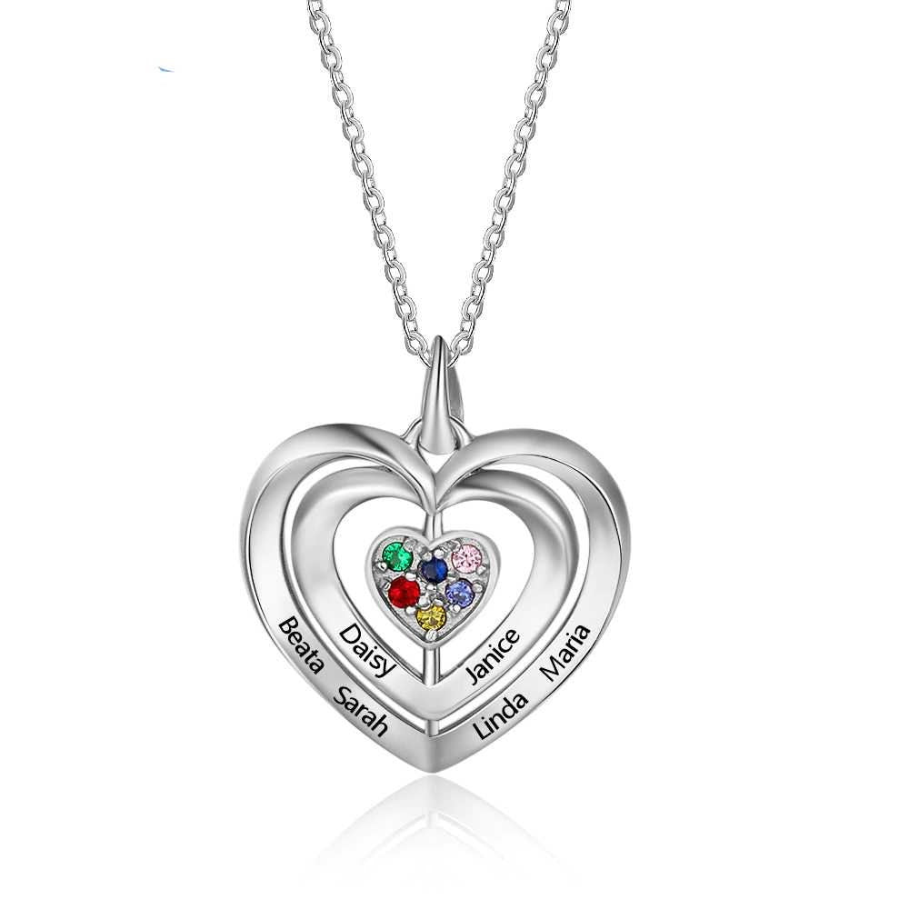 Personalized Sterling Silver Mothers Necklace with 6 Birthstones Fine Jewelry Custom Name Heart Pendant Gift for Grandmother Necklaces