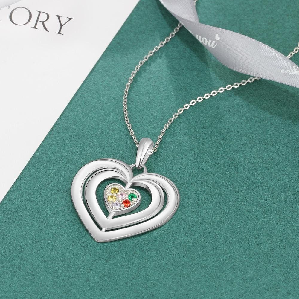 Personalized Sterling Silver Mothers Necklace with 6 Birthstones Fine Jewelry Custom Name Heart Pendant Gift for Grandmother Necklaces