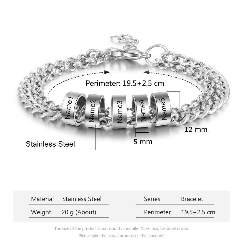 Personalized Stainless Steel Beads Charm Bracelet Custom Engrave Name Adjustable Chain Bracelets for Men Father Jewelry Customized Bracelets