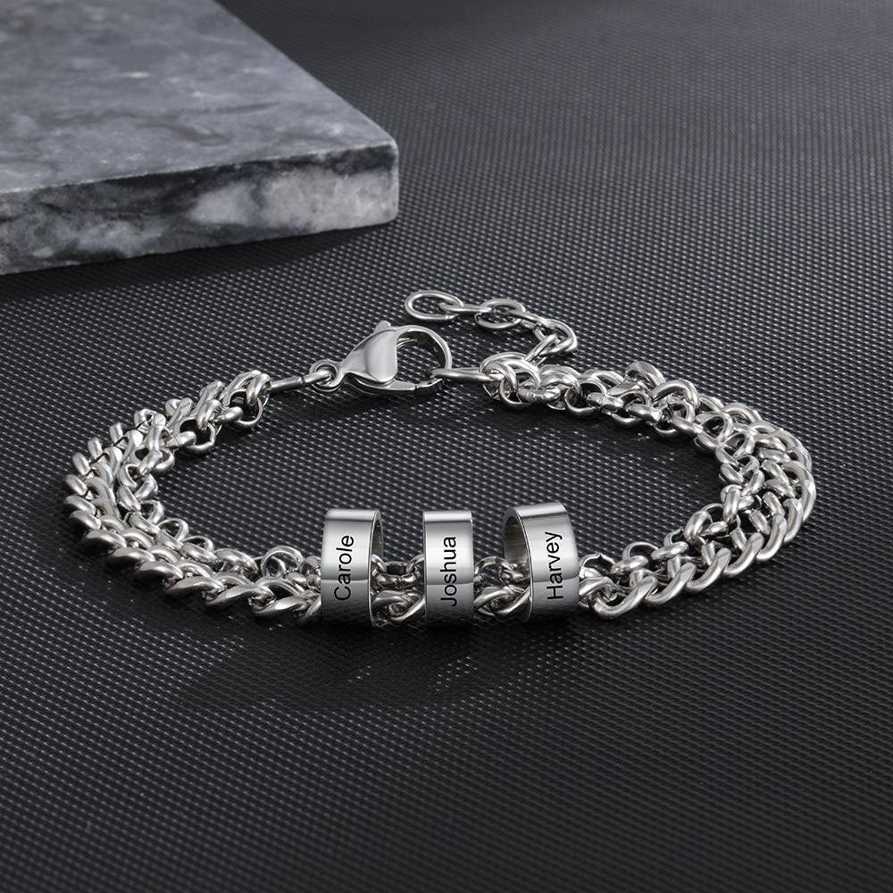 Personalized Stainless Steel Beads Charm Bracelet Custom Engrave Name Adjustable Chain Bracelets for Men Father Jewelry Customized Bracelets