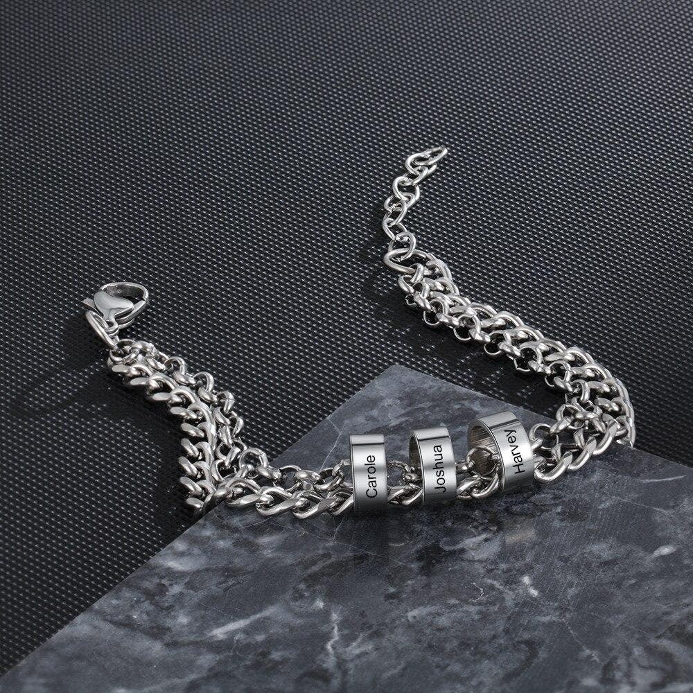 Personalized Stainless Steel Beads Charm Bracelet Custom Engrave Name Adjustable Chain Bracelets for Men Father Jewelry Customized Bracelets