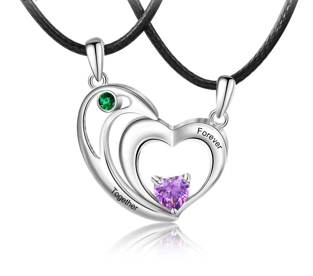 Personalized Couples Heart Necklace Set Customize Birthstone Engrave Name Necklaces for Women Anniversary Gift Customized Necklaces