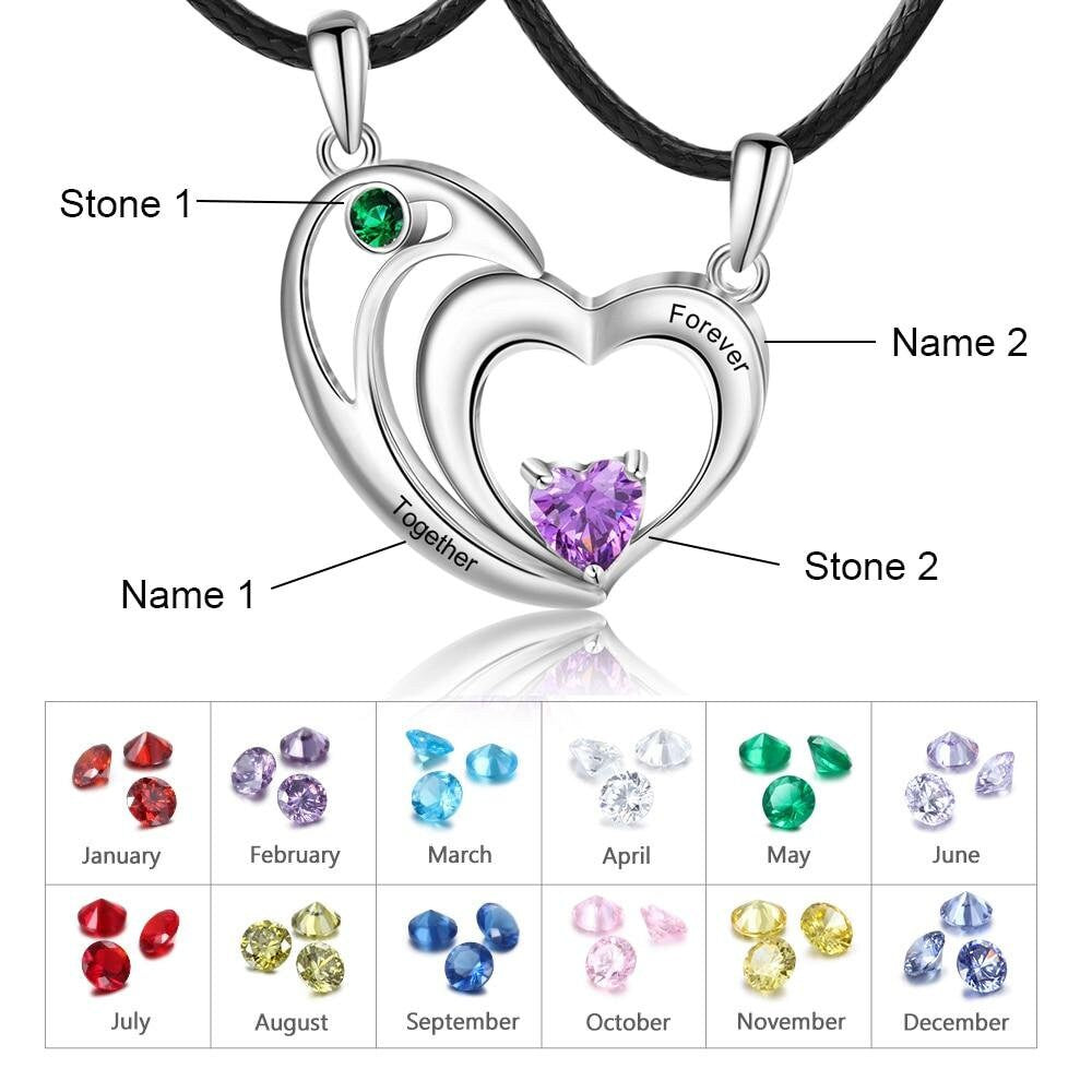 Personalized Couples Heart Necklace Set Customize Birthstone Engrave Name Necklaces for Women Anniversary Gift Customized Necklaces