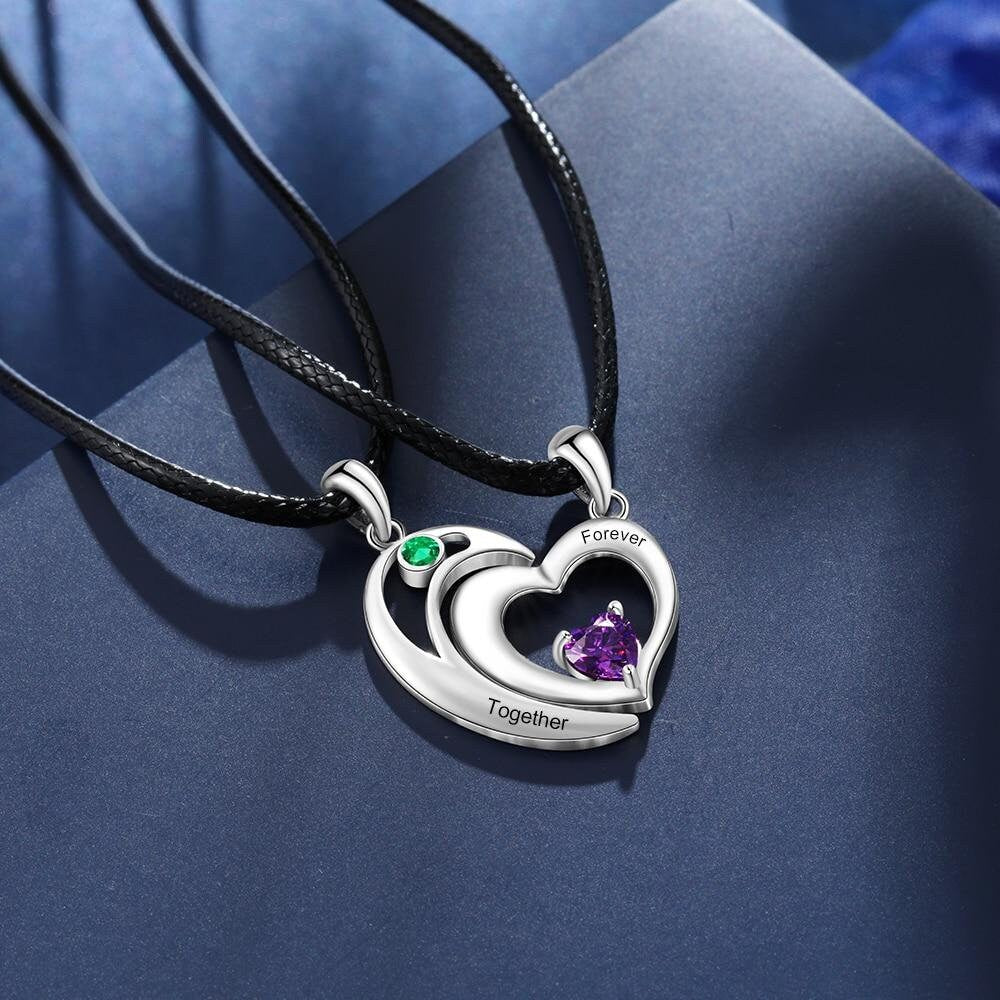 Personalized Couples Heart Necklace Set Customize Birthstone Engrave Name Necklaces for Women Anniversary Gift Customized Necklaces
