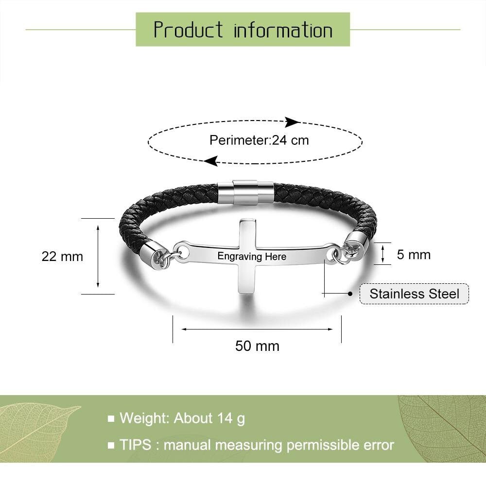 Personalized Stainless Steel Cross Engraved Name Men Bracelets Vintage Black Leather Bracelets for Men Birthday Gift for Father Customized