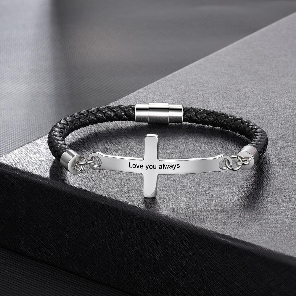 Personalized Stainless Steel Cross Engraved Name Men Bracelets Vintage Black Leather Bracelets for Men Birthday Gift for Father Customized