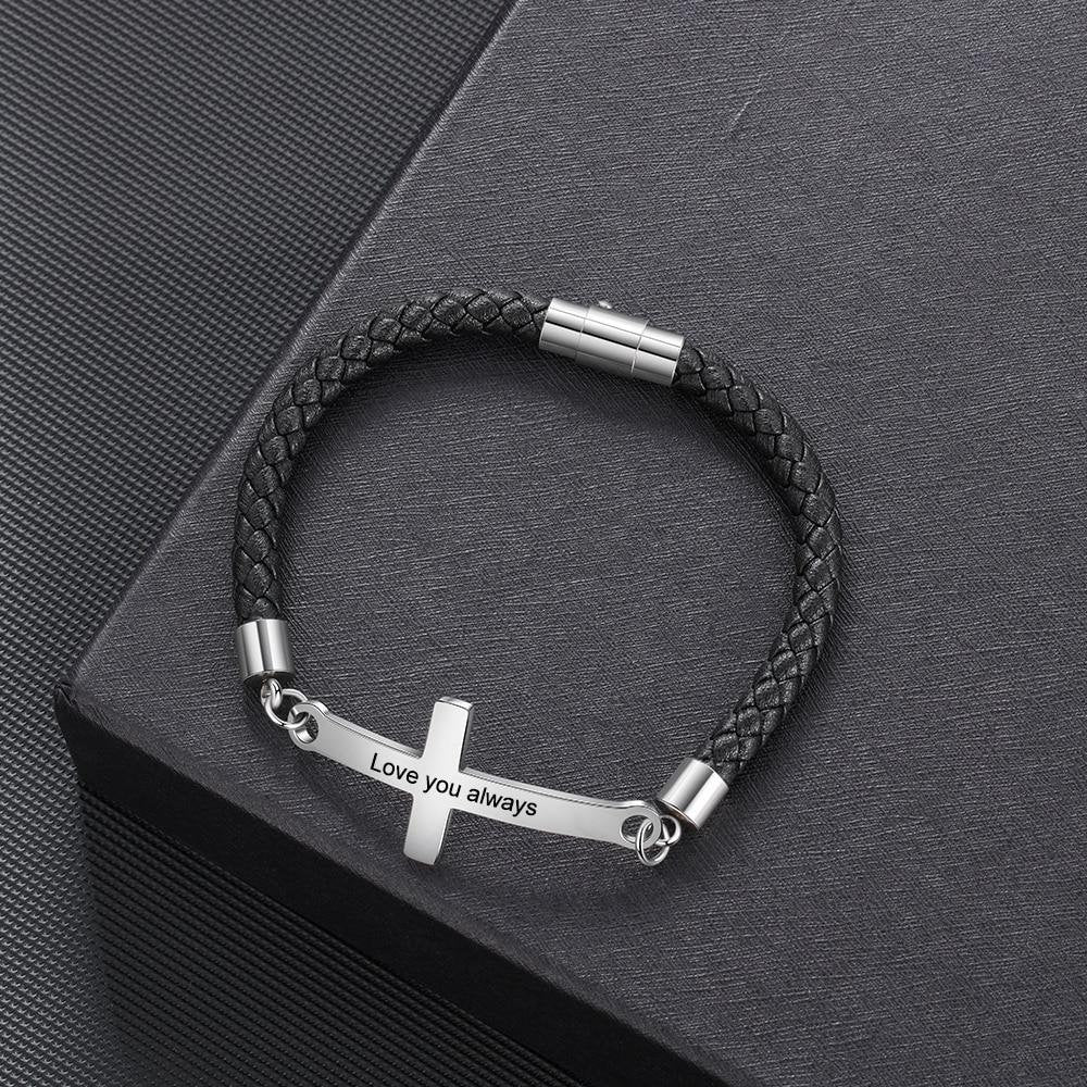 Personalized Stainless Steel Cross Engraved Name Men Bracelets Vintage Black Leather Bracelets for Men Birthday Gift for Father Customized