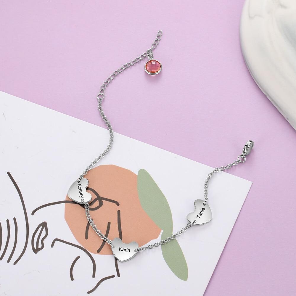 Customized Engraving Name Bracelet with Birthstone Personalized 3 Hearts Chain Bracelet Unique Gift for Girlfriend Customized Bracelets
