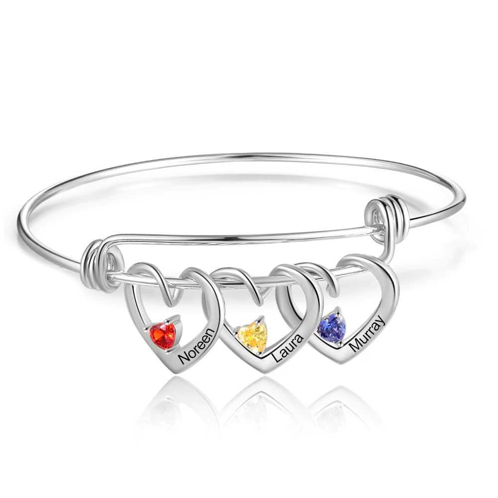 Personalized Heart Charm Bracelet with Birthstone Customized Engraving Name Bracelets & Bangles Christmas Gift for Mom Customized Bangles