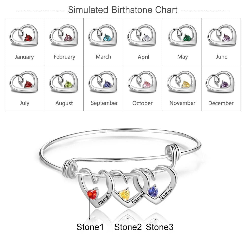 Personalized Heart Charm Bracelet with Birthstone Customized Engraving Name Bracelets & Bangles Christmas Gift for Mom Customized Bangles