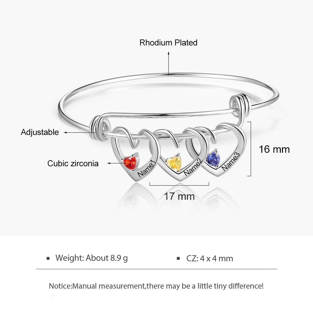 Personalized Heart Charm Bracelet with Birthstone Customized Engraving Name Bracelets & Bangles Christmas Gift for Mom Customized Bangles