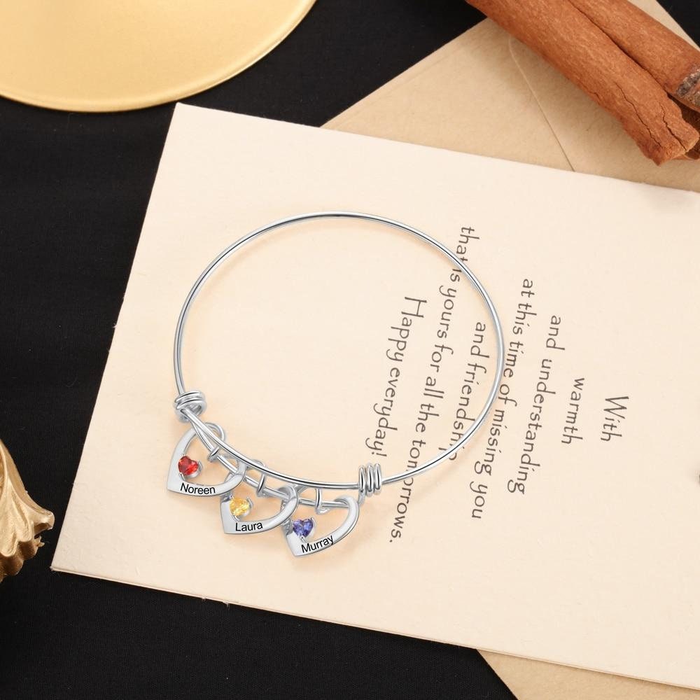 Personalized Heart Charm Bracelet with Birthstone Customized Engraving Name Bracelets & Bangles Christmas Gift for Mom Customized Bangles