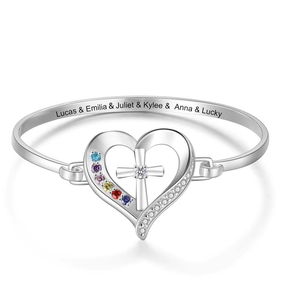 Personalized Name Bracelet with 6 Simulated Birthstones Engraved Mother Children Names Cross & Heart Bangles for Women Customized Bangles