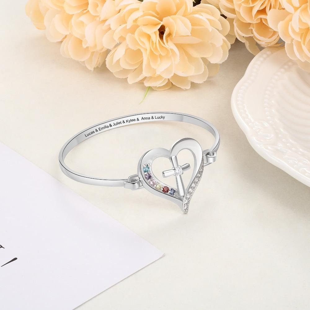 Personalized Name Bracelet with 6 Simulated Birthstones Engraved Mother Children Names Cross & Heart Bangles for Women Customized Bangles
