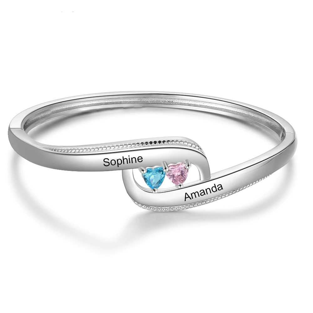 Personalized Name Bracelets With 2 Heart Birthstones Customized Engraved Bangles for Women Couple Gift Customized Bangles