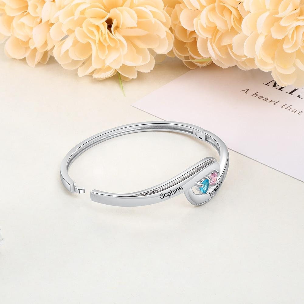 Personalized Name Bracelets With 2 Heart Birthstones Customized Engraved Bangles for Women Couple Gift Customized Bangles