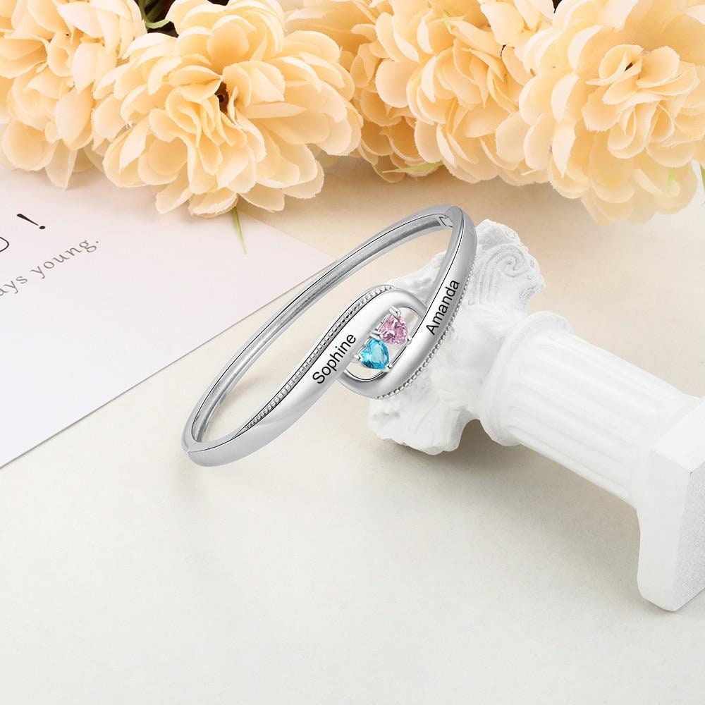 Personalized Name Bracelets With 2 Heart Birthstones Customized Engraved Bangles for Women Couple Gift Customized Bangles