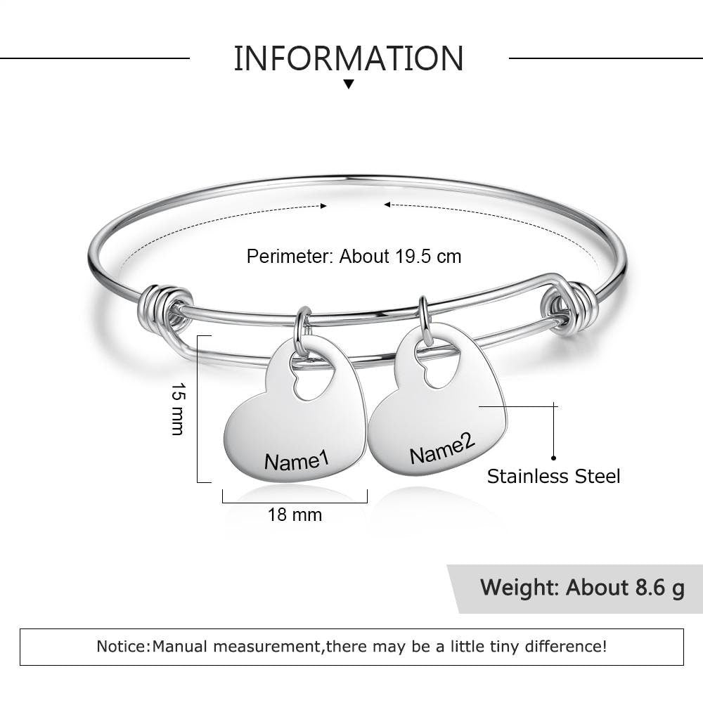 Personalized Engraved Name Heart Charms Bangles Stainless Steel Bracelets Promise Gifts for Girlfriend Lovers Customized Bangles