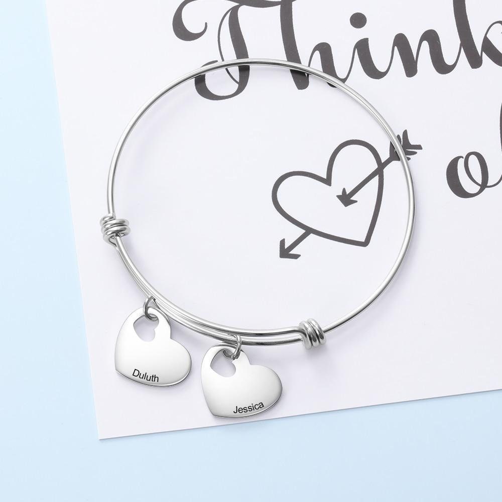 Personalized Engraved Name Heart Charms Bangles Stainless Steel Bracelets Promise Gifts for Girlfriend Lovers Customized Bangles