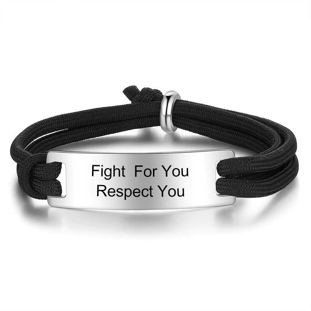 Personalized Engraving Stainless Steel ID Bar Bracelets for Men Adjustable Black Rope Men Bracelets Jewelry Gift for Boyfriend Customized