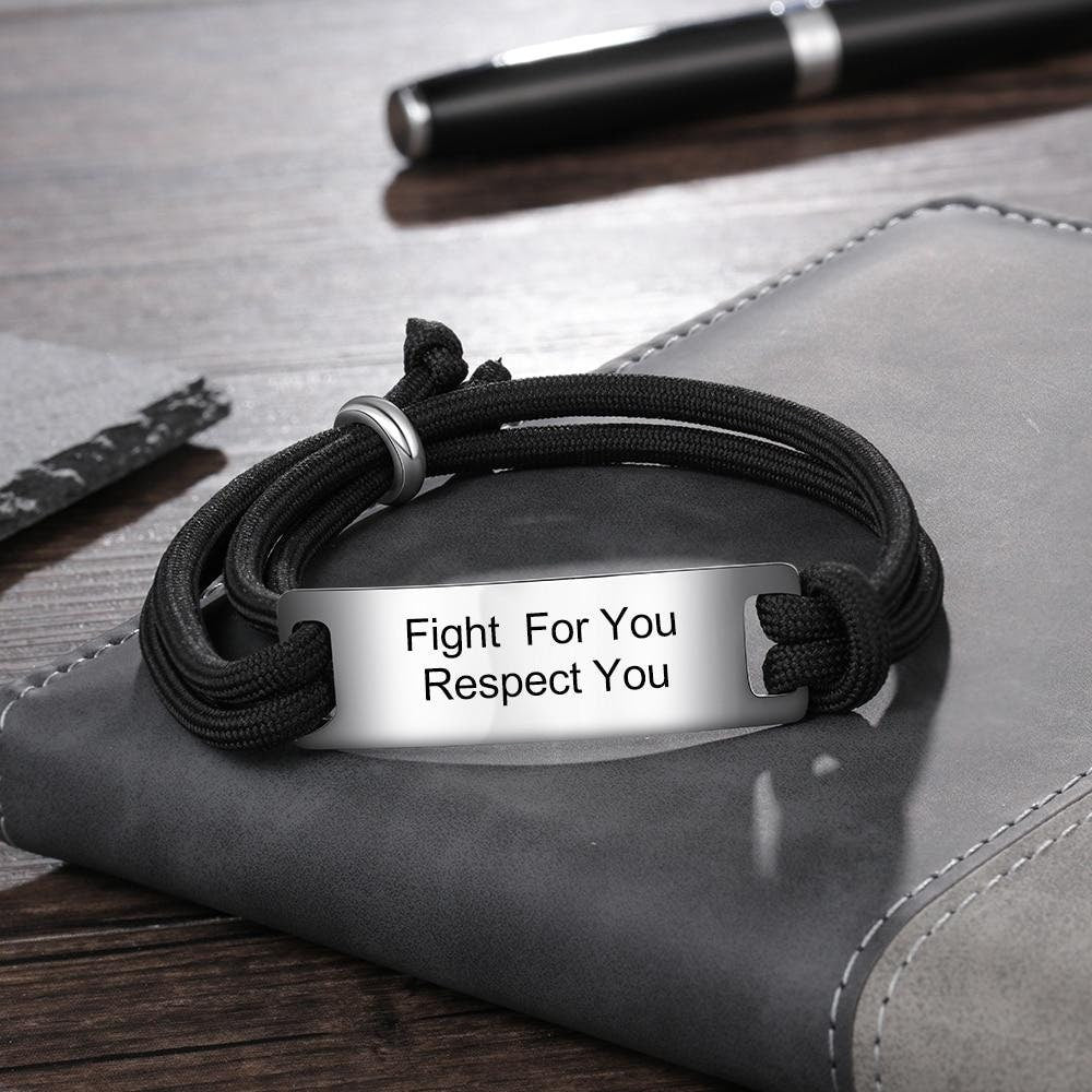 Personalized Engraving Stainless Steel ID Bar Bracelets for Men Adjustable Black Rope Men Bracelets Jewelry Gift for Boyfriend Customized