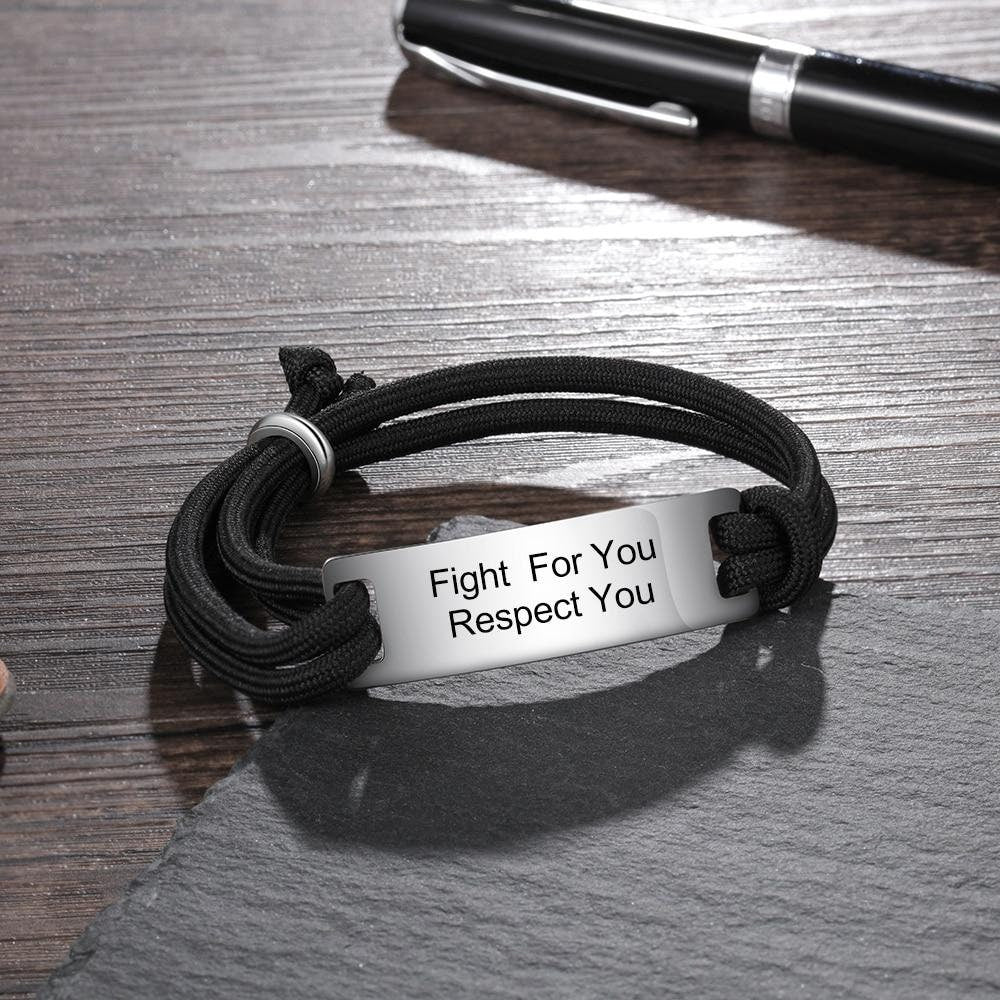 Personalized Engraving Stainless Steel ID Bar Bracelets for Men Adjustable Black Rope Men Bracelets Jewelry Gift for Boyfriend Customized
