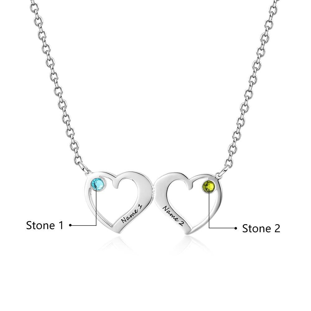 Customized Double Heart Pendant Necklace with 2 Birthstones Personalized Name Engraved Jewelry Couples Necklaces Customized Necklaces
