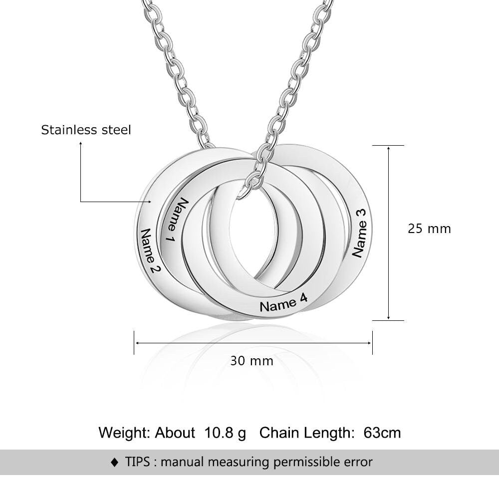 Personalized Stainless Steel Circle Necklace with 4 Names Customized Engraved Name Pendant Jewelry Gifts for Family Customized Necklaces