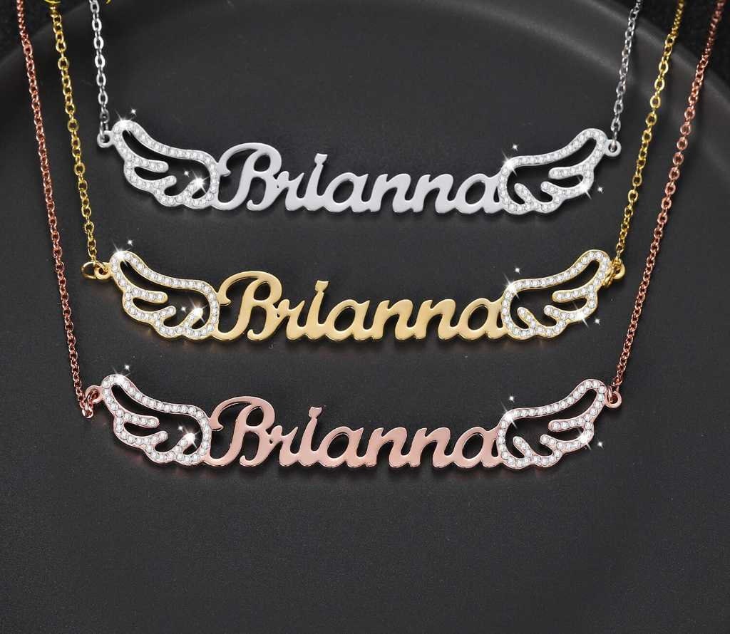 Personalized Iced Out Angel Wings Name Necklace Customized Name Necklace Charm Gold Stainless Steel Jewelry name Gifts for Women Customized