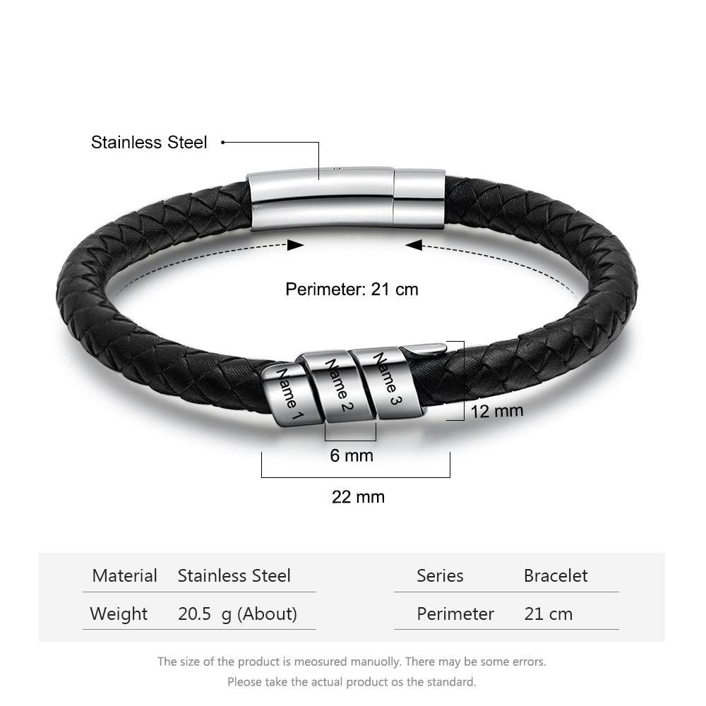 Customized Black Leather Bracelet Personalized Name Engraved Bracelets Stainless Steel Gift for Boyfriend Fathers Day Customized Bracelets