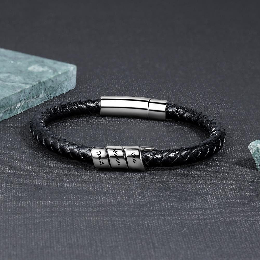 Customized Black Leather Bracelet Personalized Name Engraved Bracelets Stainless Steel Gift for Boyfriend Fathers Day Customized Bracelets
