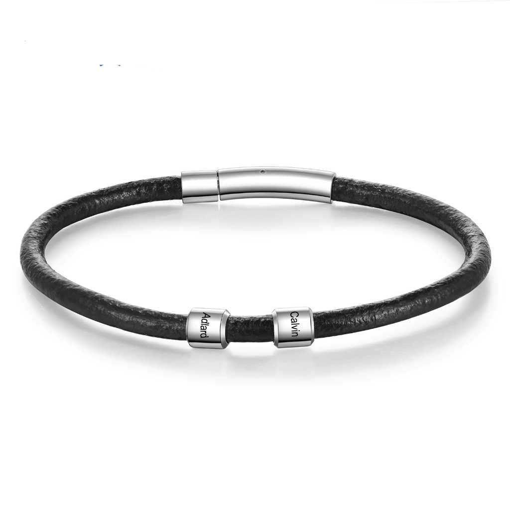 Customized Family Name Beads Charm Bracelets Personalized Stainless Steel Leather Bracelets for Men Retro Jewelry Customized Bracelets
