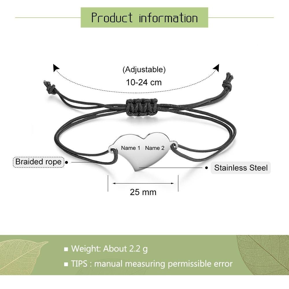 Customized Engraved 2 Names Braided Rope Bracelets for Women Stainless Steel Heart Bracelet Personalized Gift Jewelry Customized Bracelets