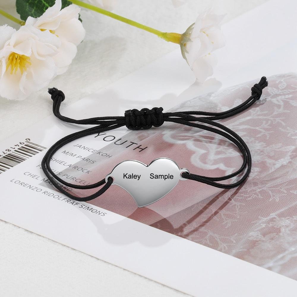 Customized Engraved 2 Names Braided Rope Bracelets for Women Stainless Steel Heart Bracelet Personalized Gift Jewelry Customized Bracelets