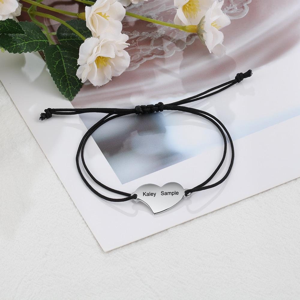 Customized Engraved 2 Names Braided Rope Bracelets for Women Stainless Steel Heart Bracelet Personalized Gift Jewelry Customized Bracelets