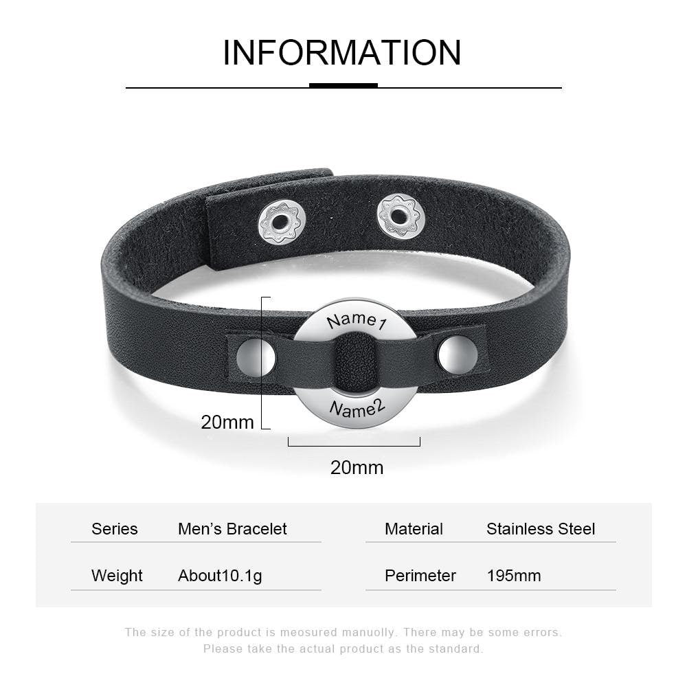 Personalized Engraving Name Circle Bracelets for Men Vintage Customized Black Leather Men Bracelet Gift for Father Boyfriend Customized