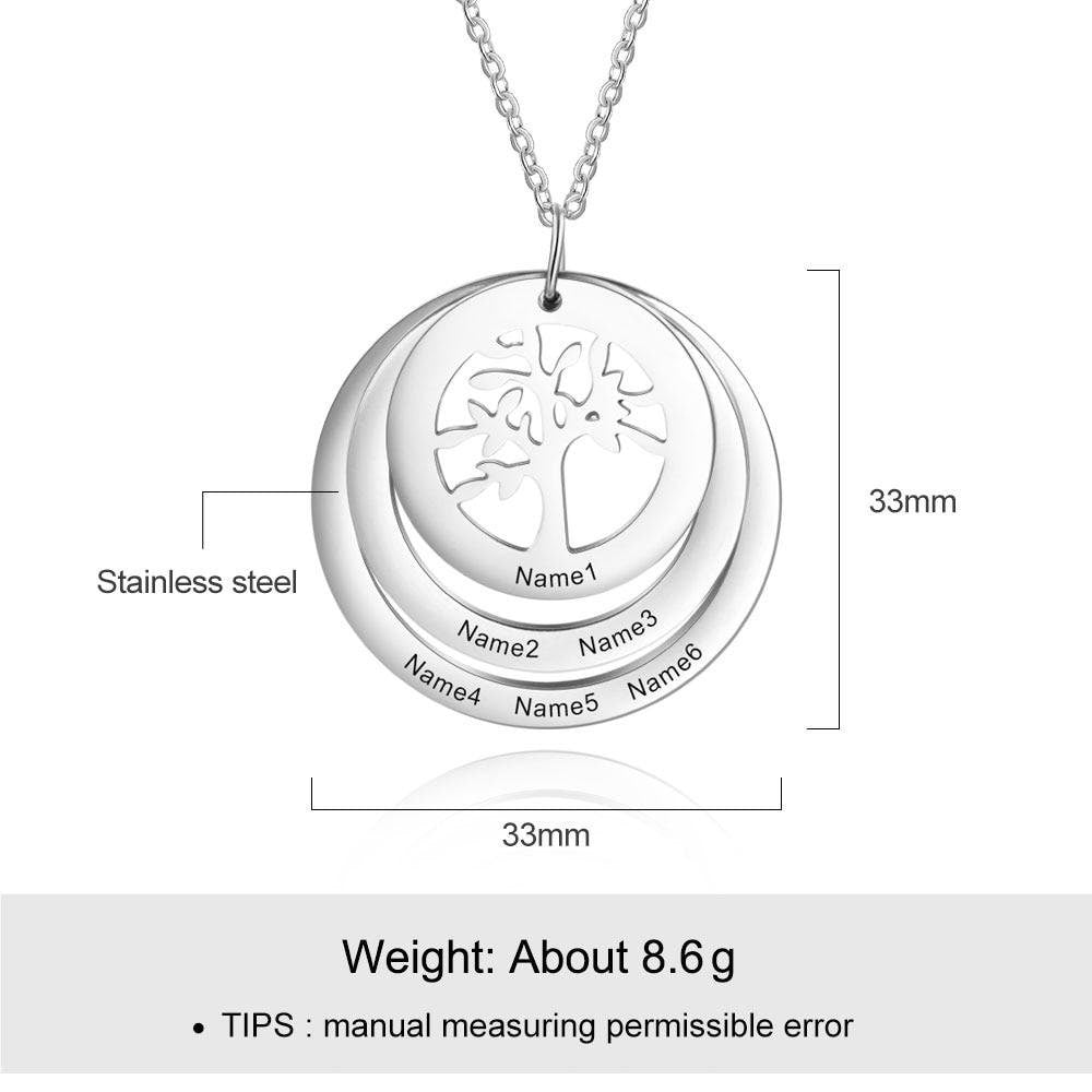 Personalized 6 Names Engraving Tree of Life Pendant Necklace Customized Stainless Steel Round Pendants for Women Gifts Customized Necklaces