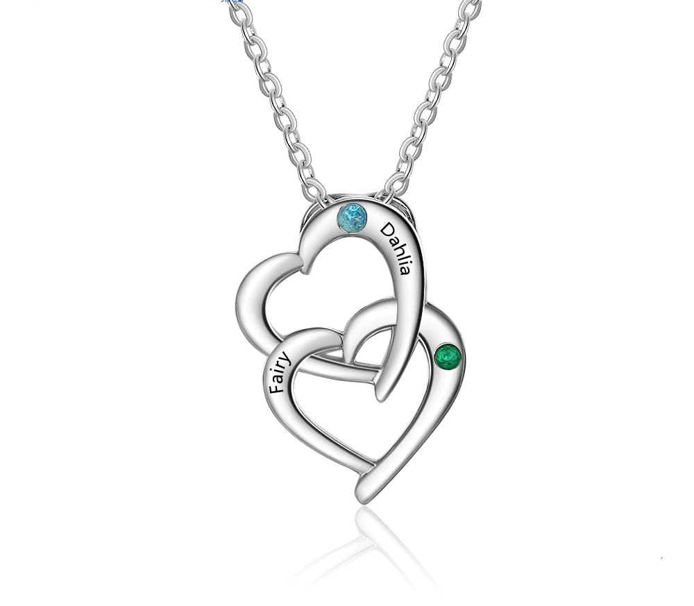 Personalized Sterling Silver Interlocking Heart Necklace with 2 Birthstones Custom Engraved Name Silver Pendants for Women Necklaces